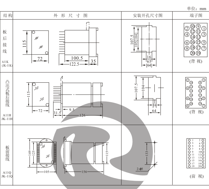 JZY-201中间继电器外形及安装开孔尺寸图