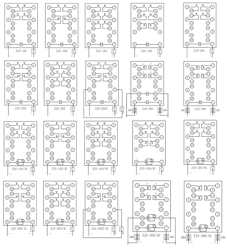 ZJS-203/AC延时中间继电器内部接线图